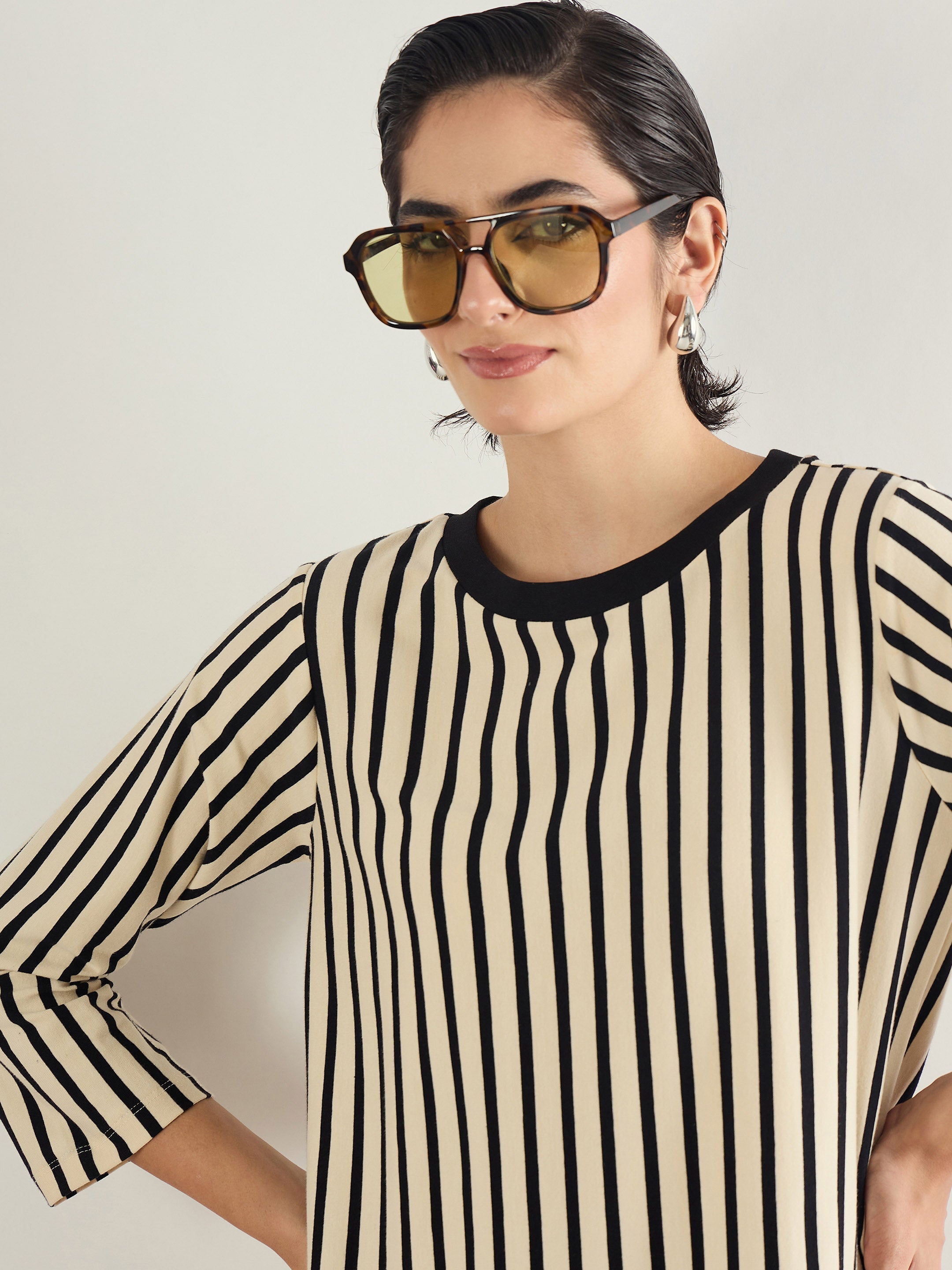 Women Black & Beige Striped T-Shirt Dress-SFDRSS13243