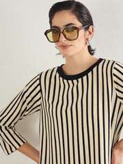Women Black & Beige Striped T-Shirt Dress-SFDRSS13243