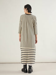 Women Black & Beige Striped T-Shirt Dress-SFDRSS13243