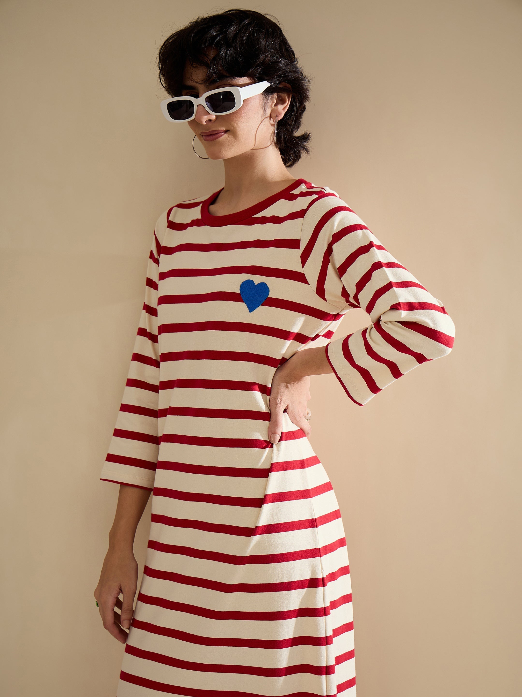 Women Red & Beige Striped Embroidered T-Shirt Dress-SFDRSS13244