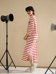 Women Red & Beige Striped Embroidered T-Shirt Dress-SFDRSS13244