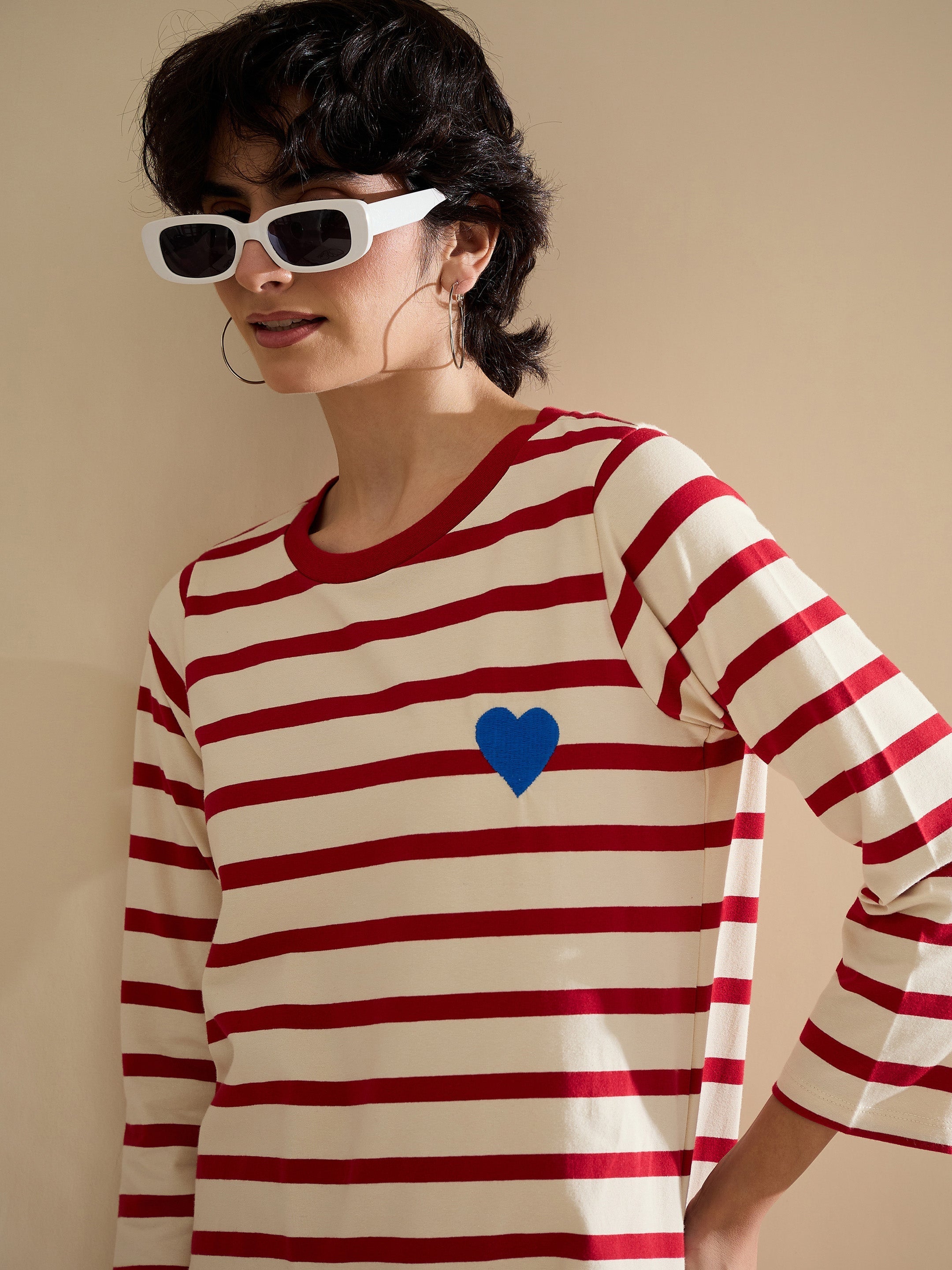 Women Red & Beige Striped Embroidered T-Shirt Dress-SFDRSS13244