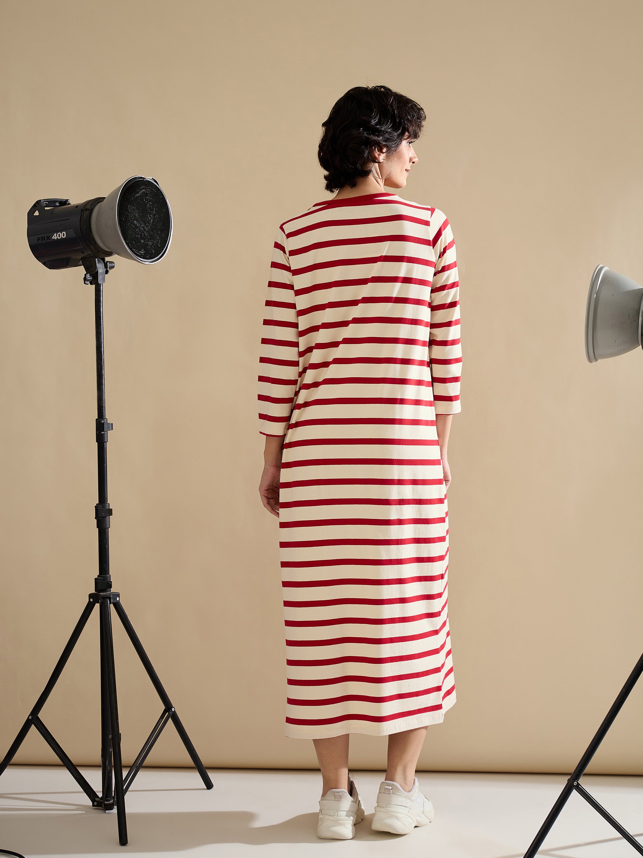 Women Red & Beige Striped Embroidered T-Shirt Dress-SFDRSS13244