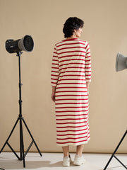 Women Red & Beige Striped Embroidered T-Shirt Dress-SFDRSS13244