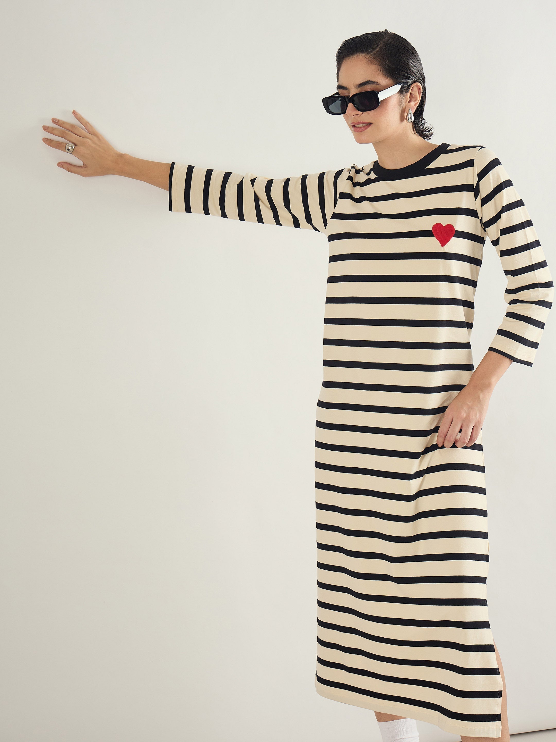 Women Black & Beige Striped Embroidered T-Shirt Dress-SFDRSS13245