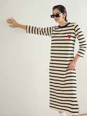 Women Black & Beige Striped Embroidered T-Shirt Dress-SFDRSS13245
