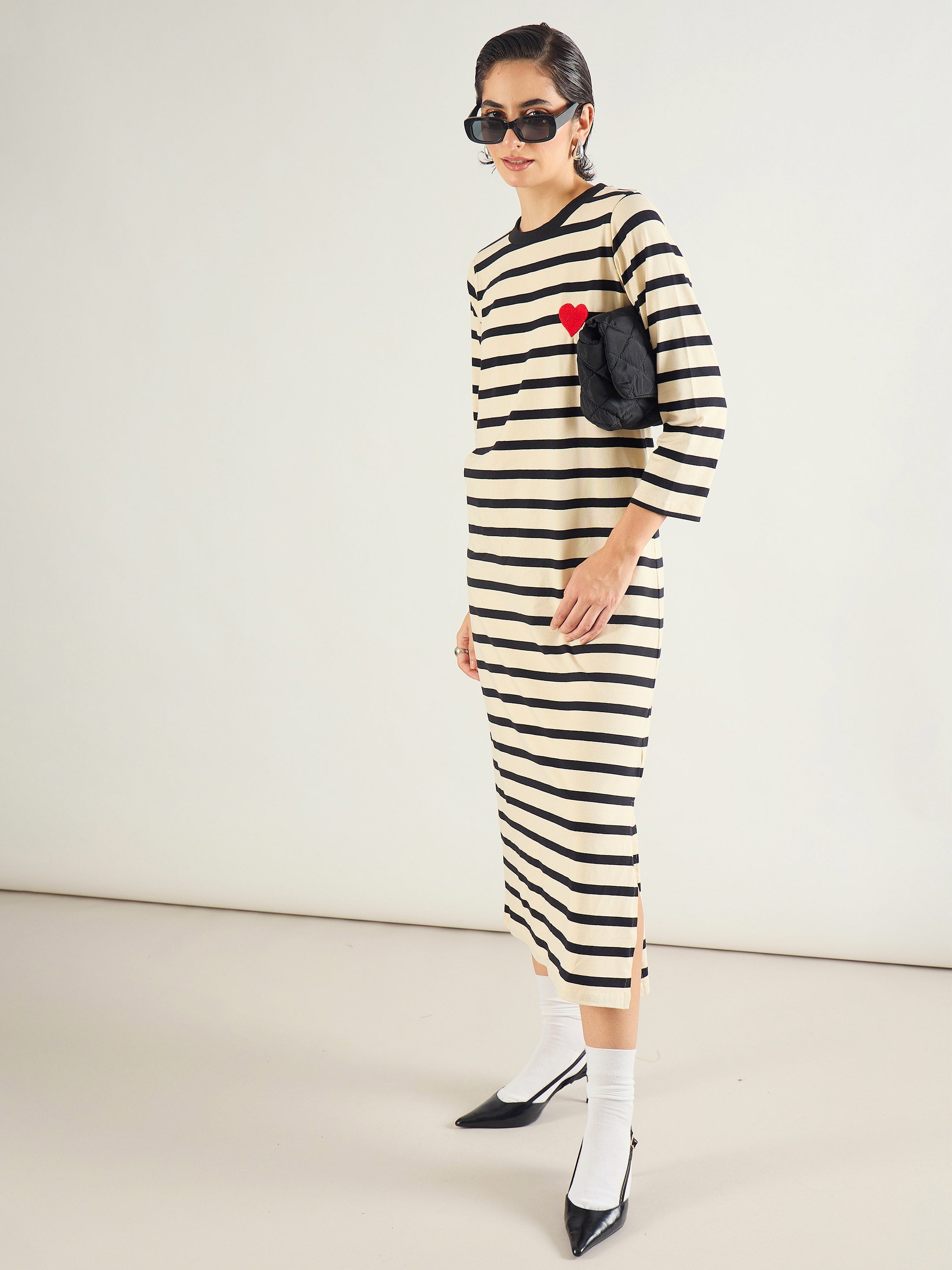 Women Black & Beige Striped Embroidered T-Shirt Dress-SFDRSS13245