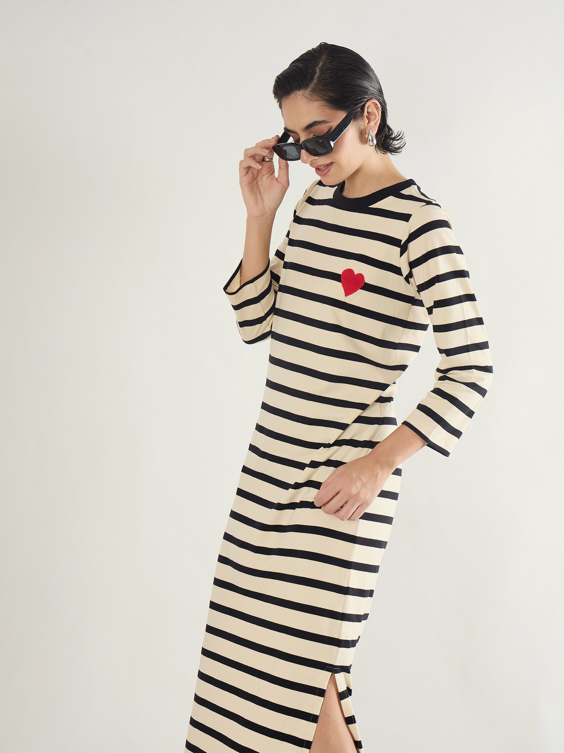 Women Black & Beige Striped Embroidered T-Shirt Dress-SFDRSS13245
