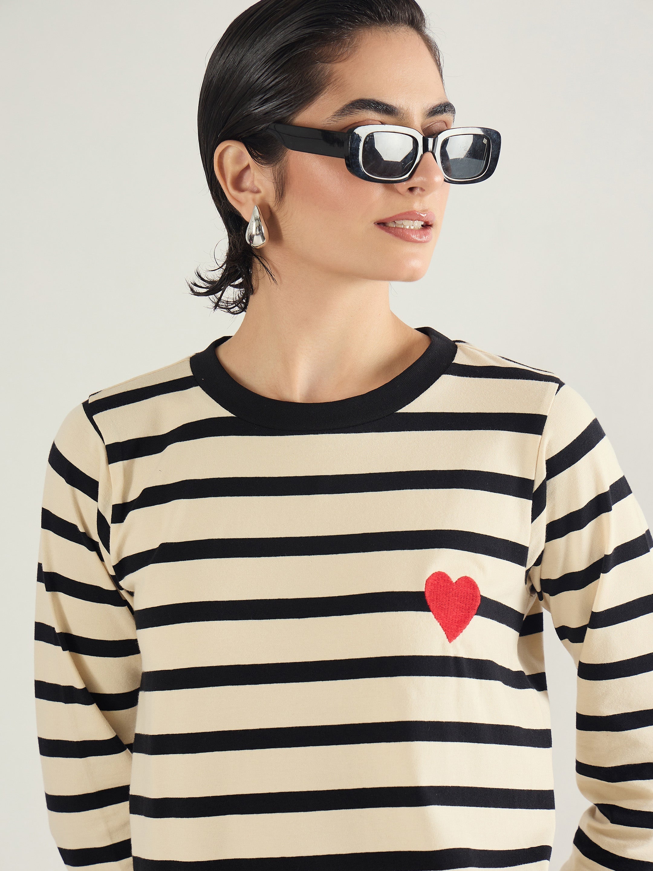 Women Black & Beige Striped Embroidered T-Shirt Dress-SFDRSS13245