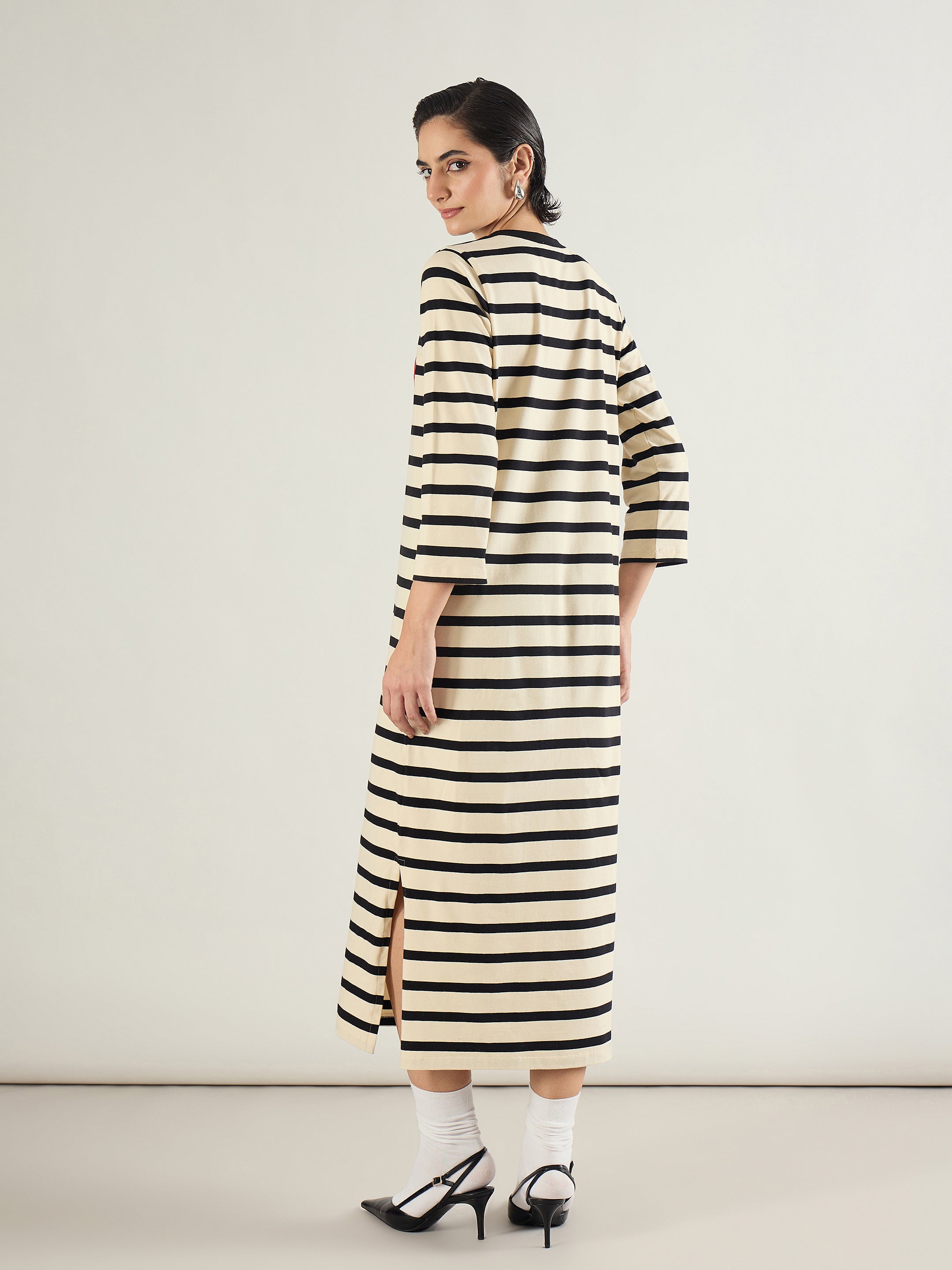 Women Black & Beige Striped Embroidered T-Shirt Dress-SFDRSS13245