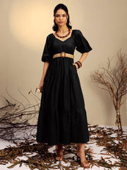 Women Black Poplin Tiered Maxi Dress-SFDRSS13246