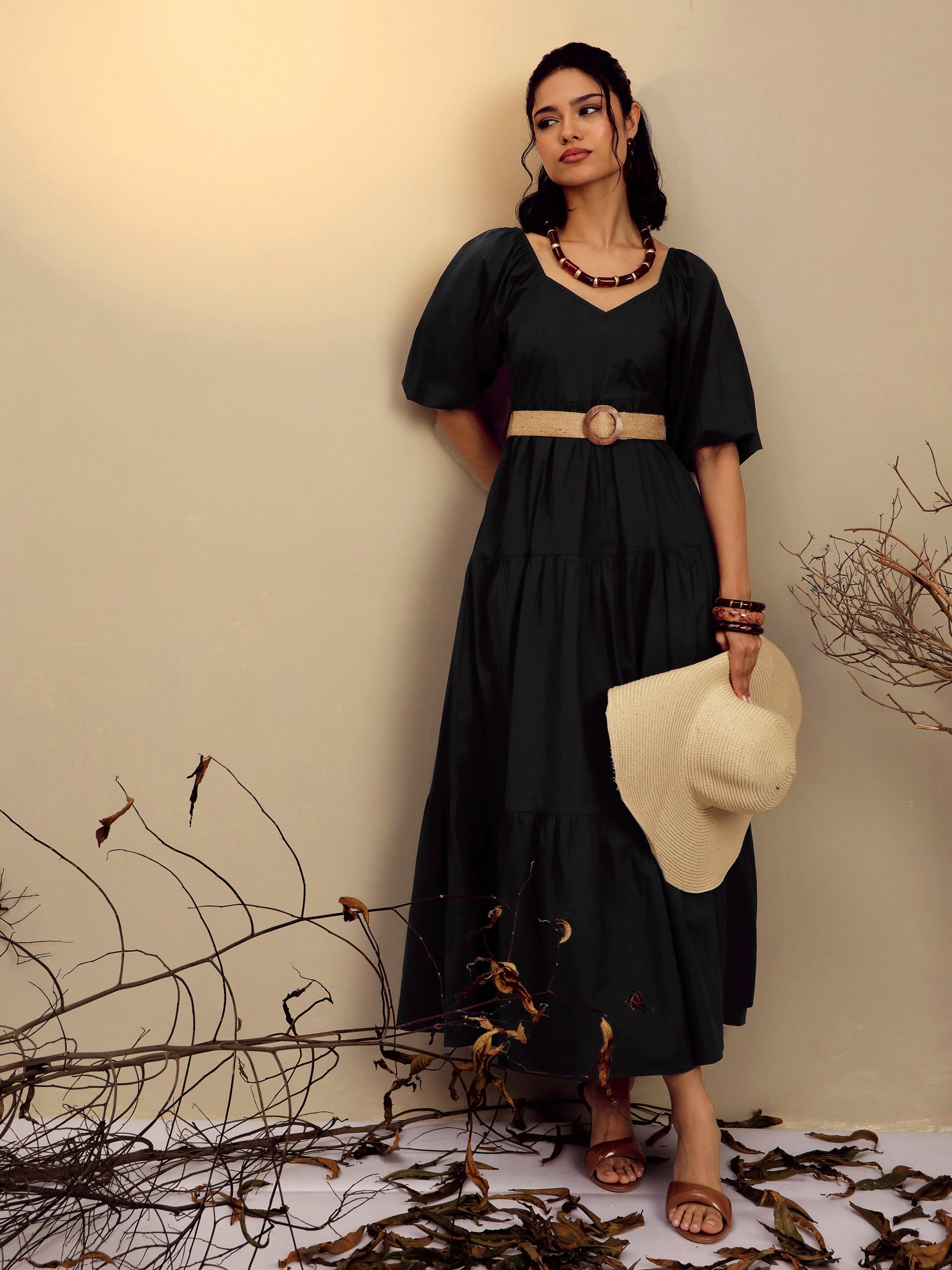 Women Black Poplin Tiered Maxi Dress-SFDRSS13246