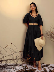 Women Black Poplin Tiered Maxi Dress-SFDRSS13246
