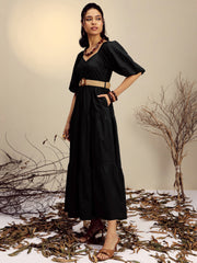 Women Black Poplin Tiered Maxi Dress-SFDRSS13246