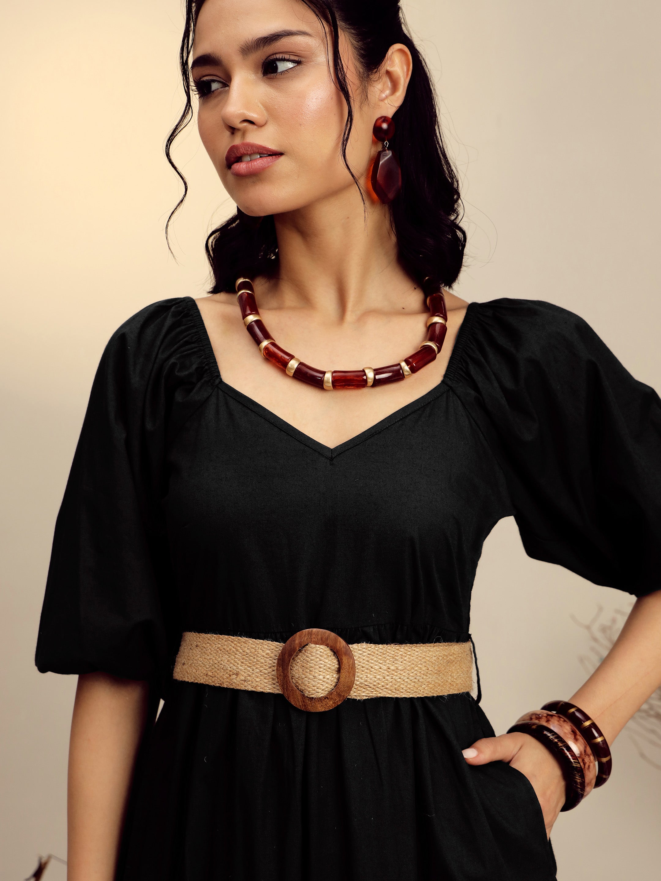 Women Black Poplin Tiered Maxi Dress-SFDRSS13246