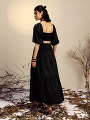 Women Black Poplin Tiered Maxi Dress-SFDRSS13246