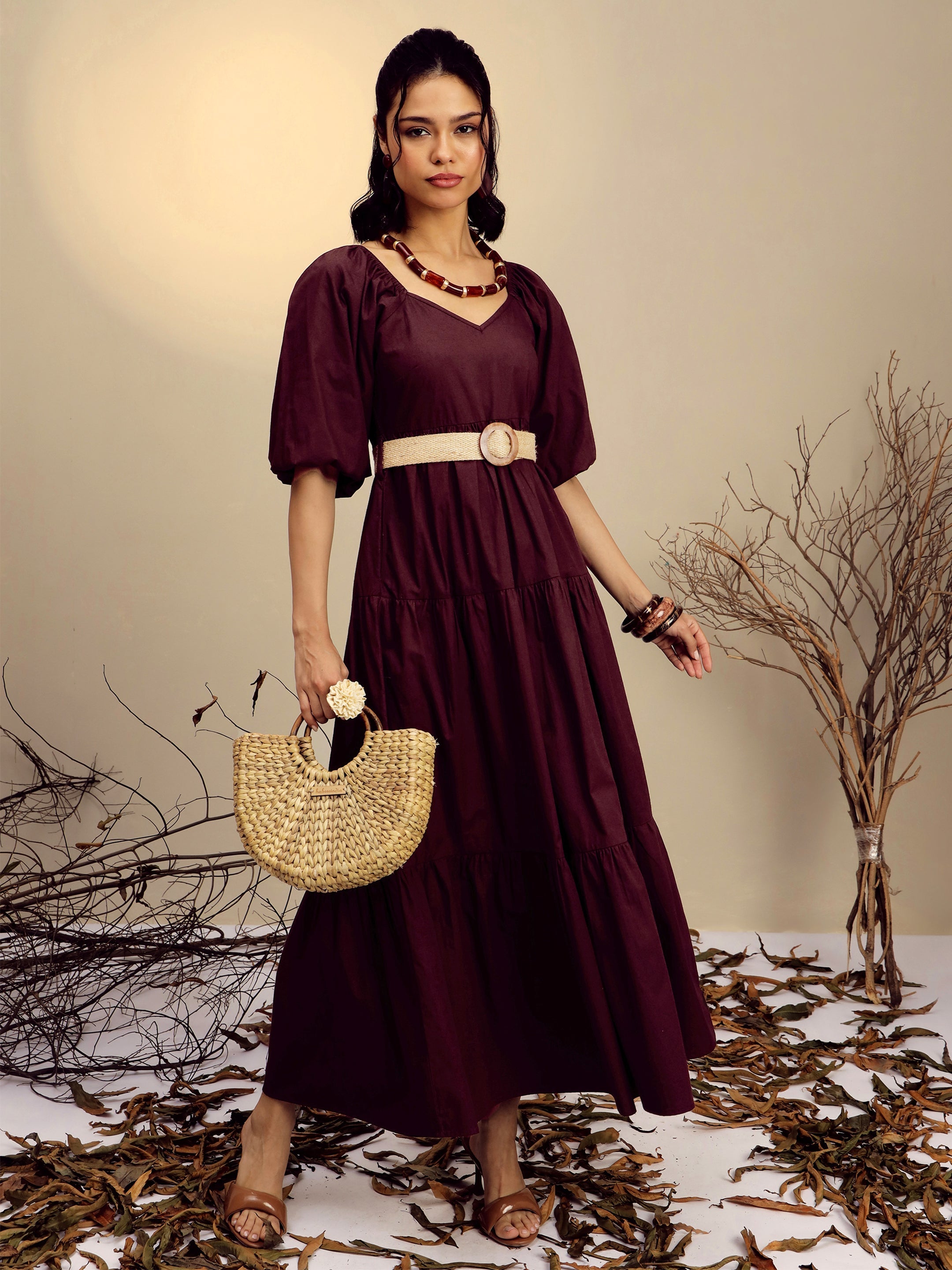Women Brown Poplin Tiered Maxi Dress-SFDRSS13247