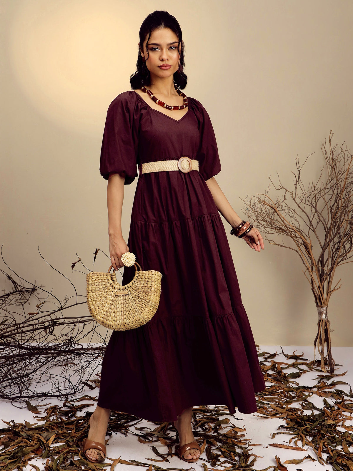Women Brown Poplin Tiered Maxi Dress-SFDRSS13247