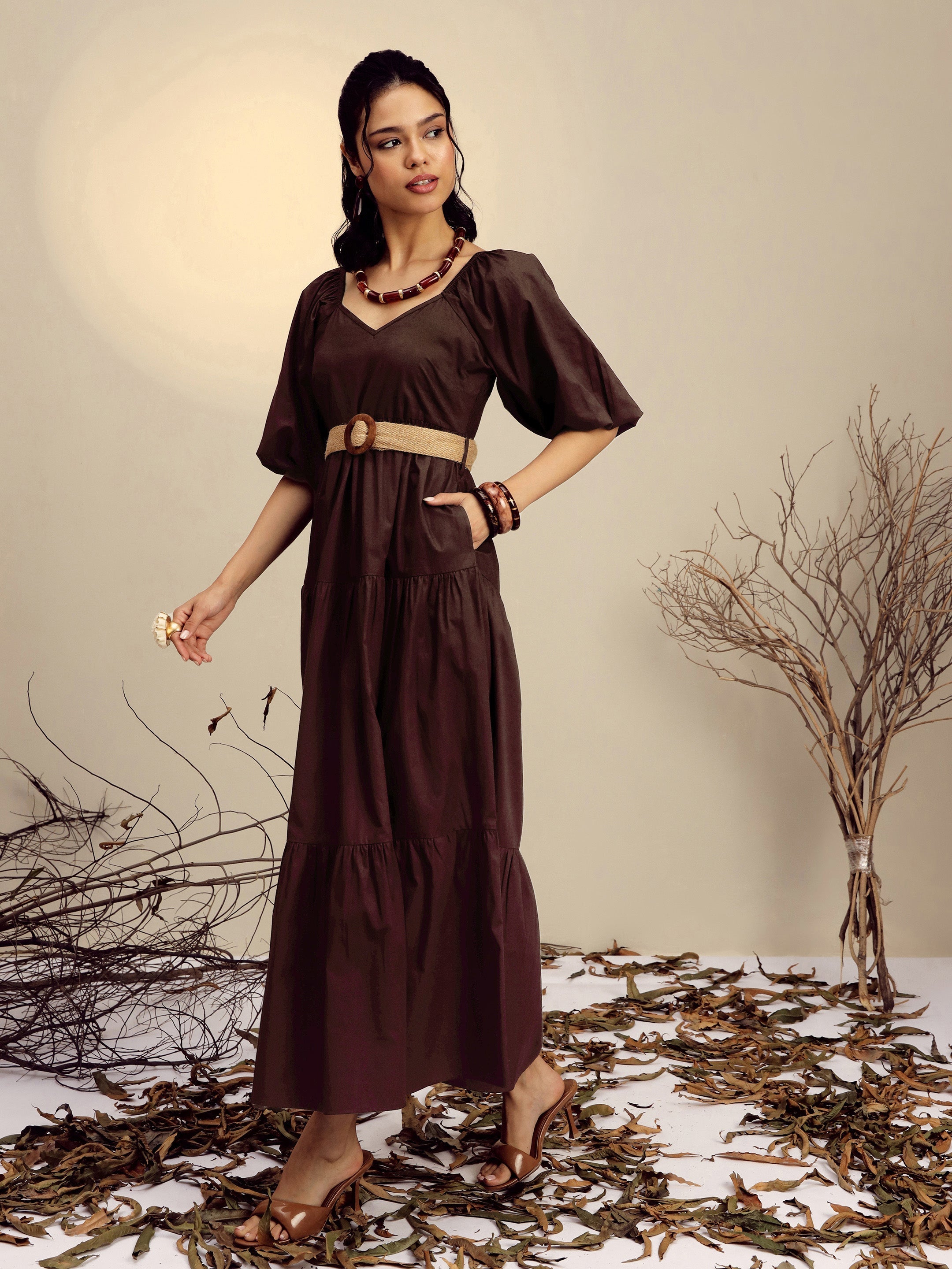 Women Brown Poplin Tiered Maxi Dress-SFDRSS13247