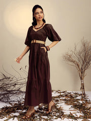 Women Brown Poplin Tiered Maxi Dress-SFDRSS13247