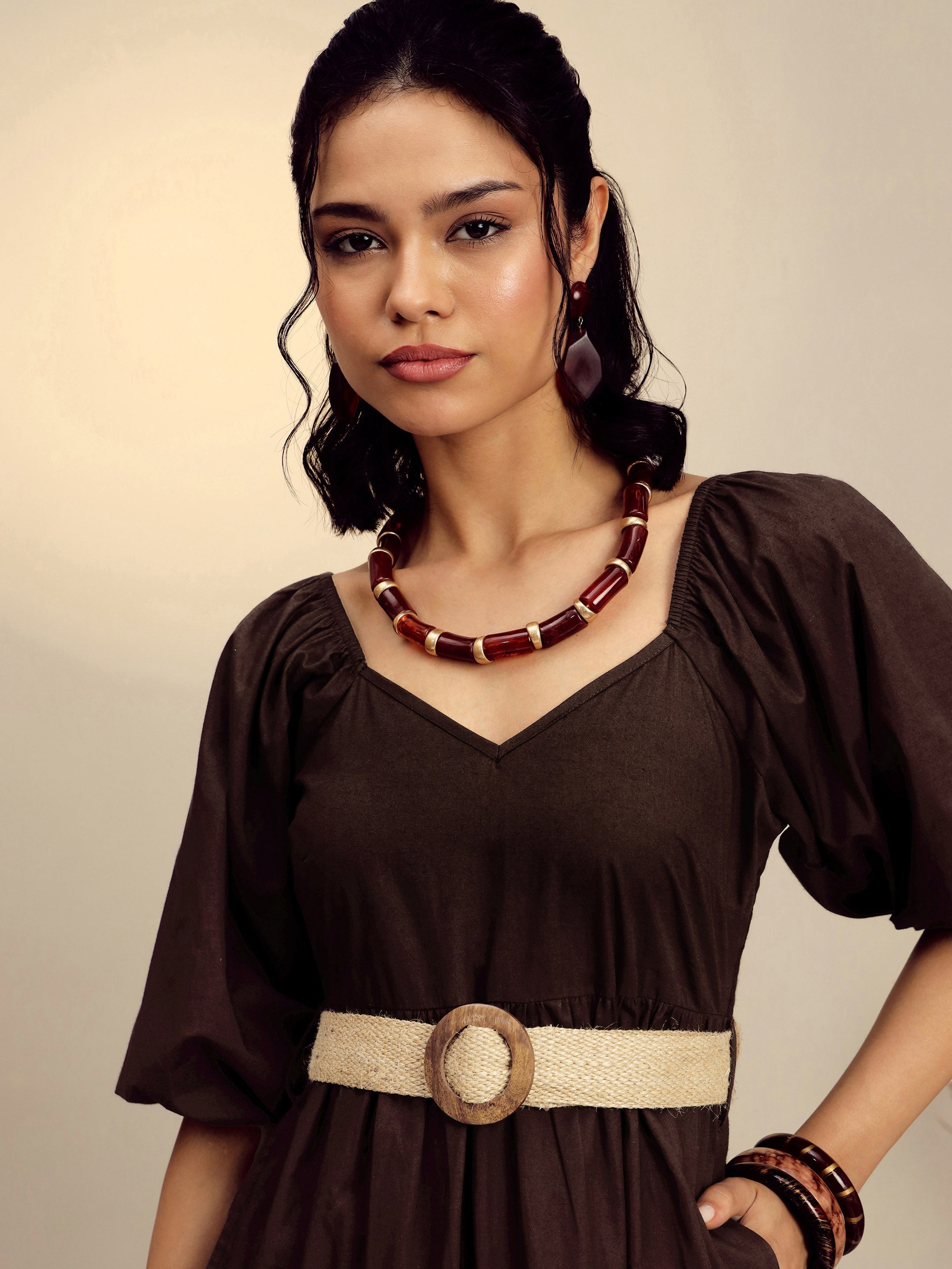 Women Brown Poplin Tiered Maxi Dress-SFDRSS13247