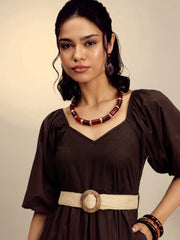 Women Brown Poplin Tiered Maxi Dress-SFDRSS13247