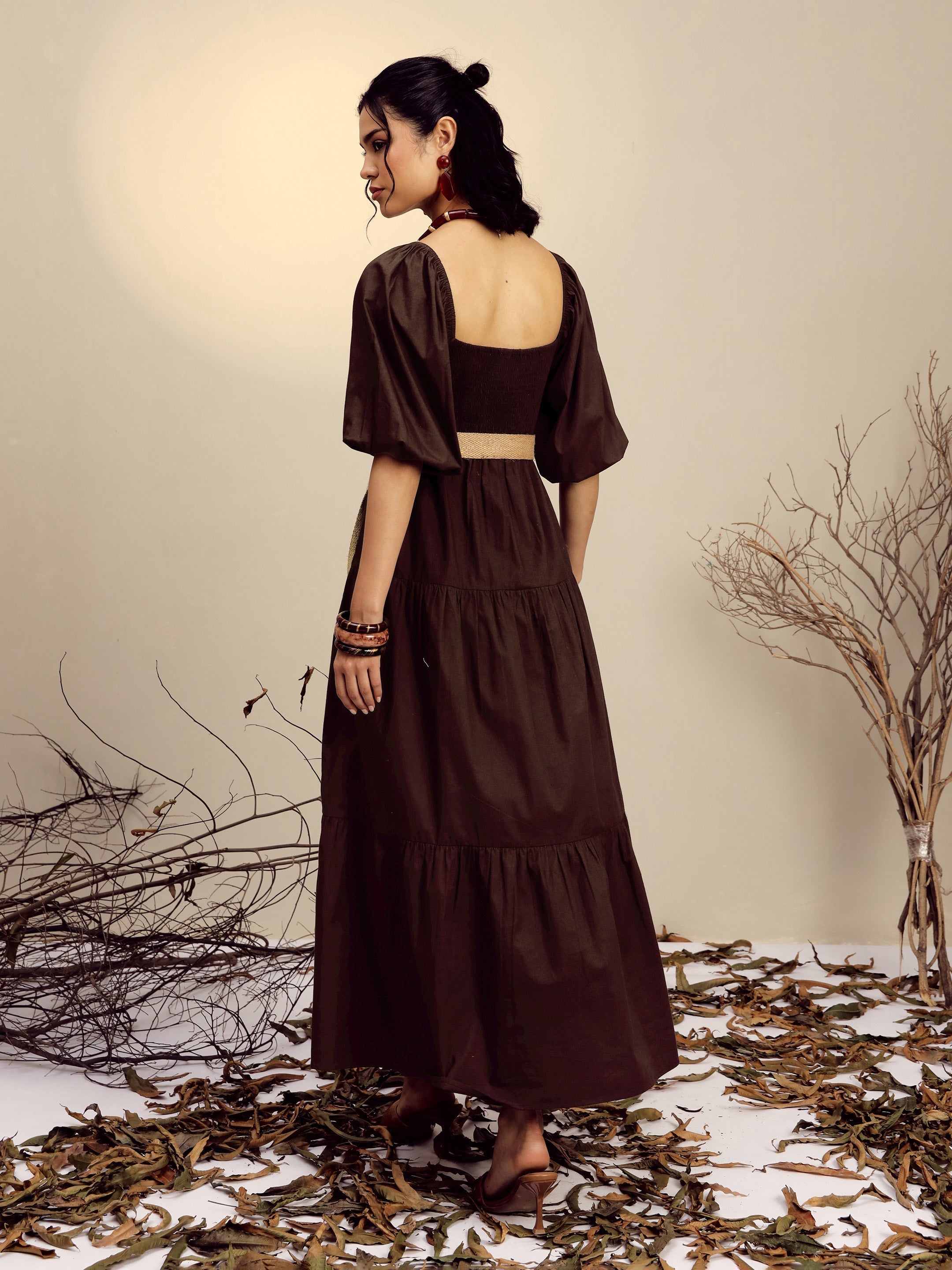 Women Brown Poplin Tiered Maxi Dress-SFDRSS13247