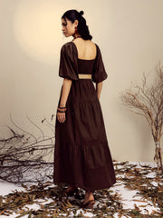 Women Brown Poplin Tiered Maxi Dress-SFDRSS13247