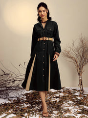 Women Black Poplin Kick Pleat Midi Dress-SFDRSS13248