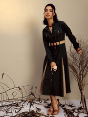 Women Black Poplin Kick Pleat Midi Dress-SFDRSS13248