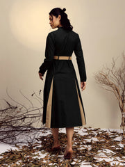 Women Black Poplin Kick Pleat Midi Dress-SFDRSS13248