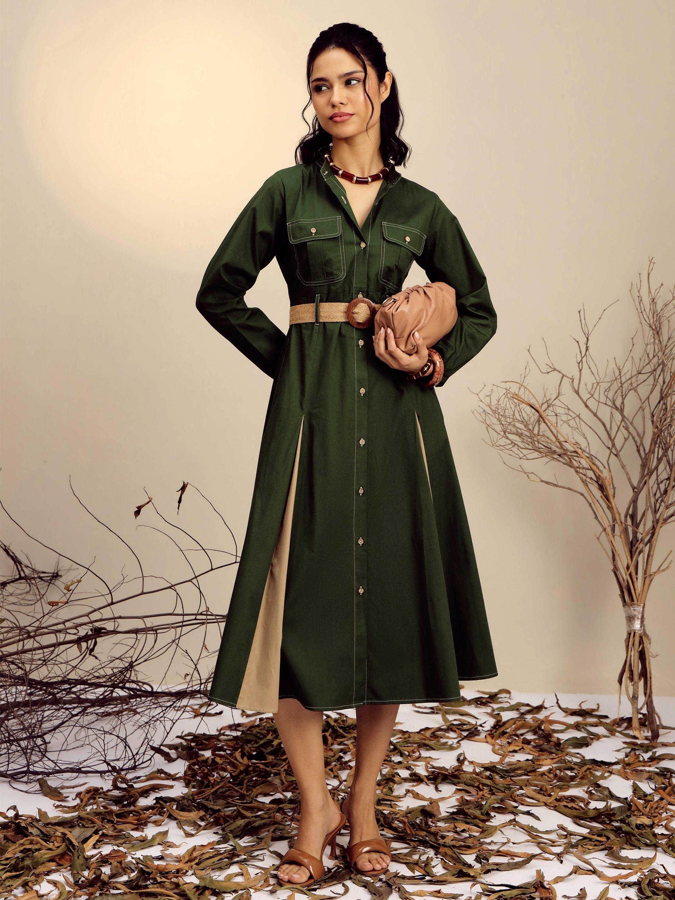 Women Olive Poplin Kick Pleat Midi Dress-SFDRSS13249