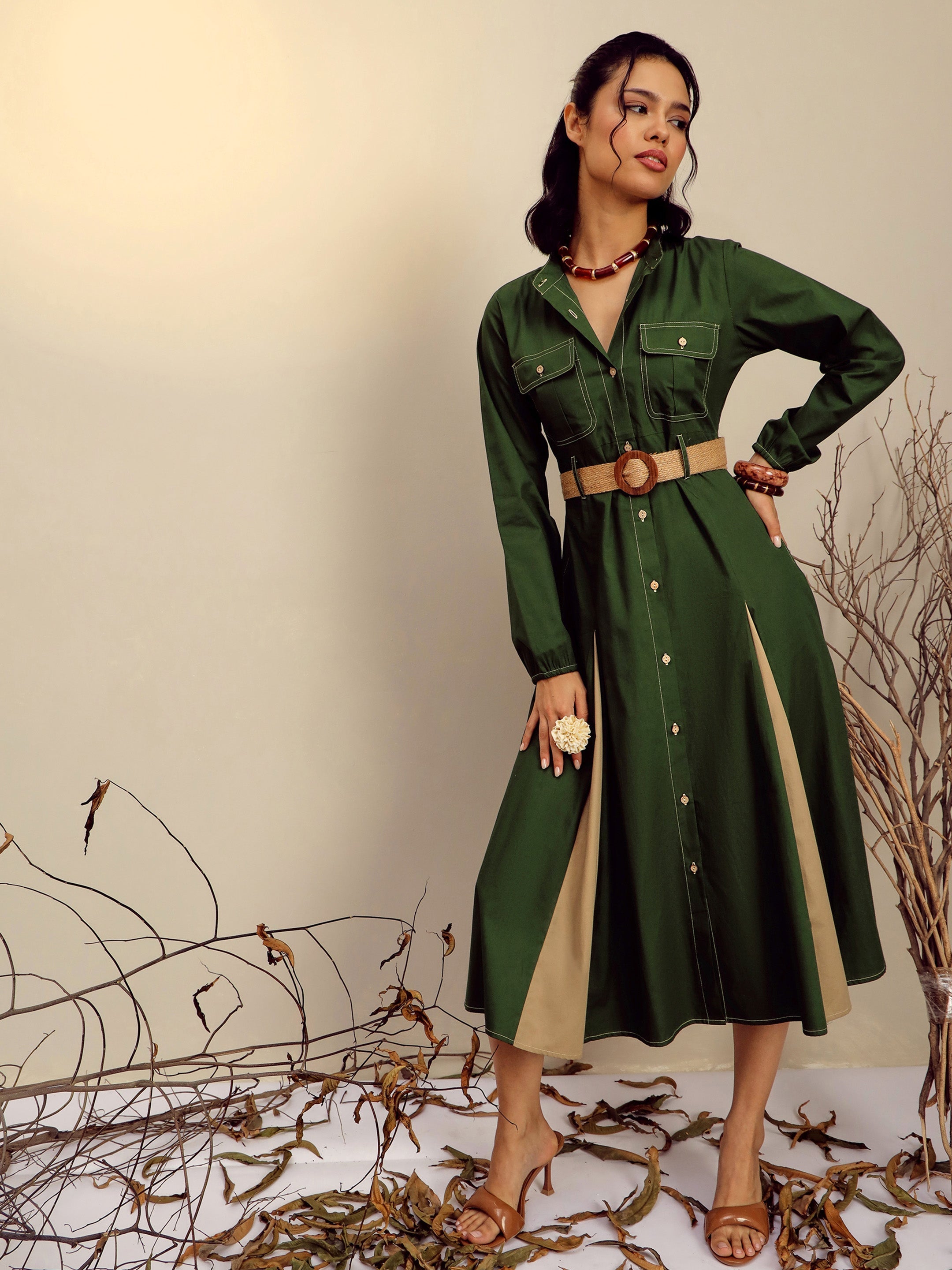 Women Olive Poplin Kick Pleat Midi Dress-SFDRSS13249
