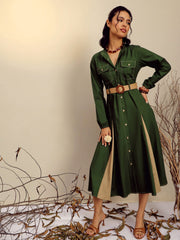 Women Olive Poplin Kick Pleat Midi Dress-SFDRSS13249