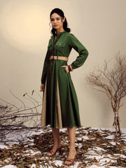 Women Olive Poplin Kick Pleat Midi Dress-SFDRSS13249
