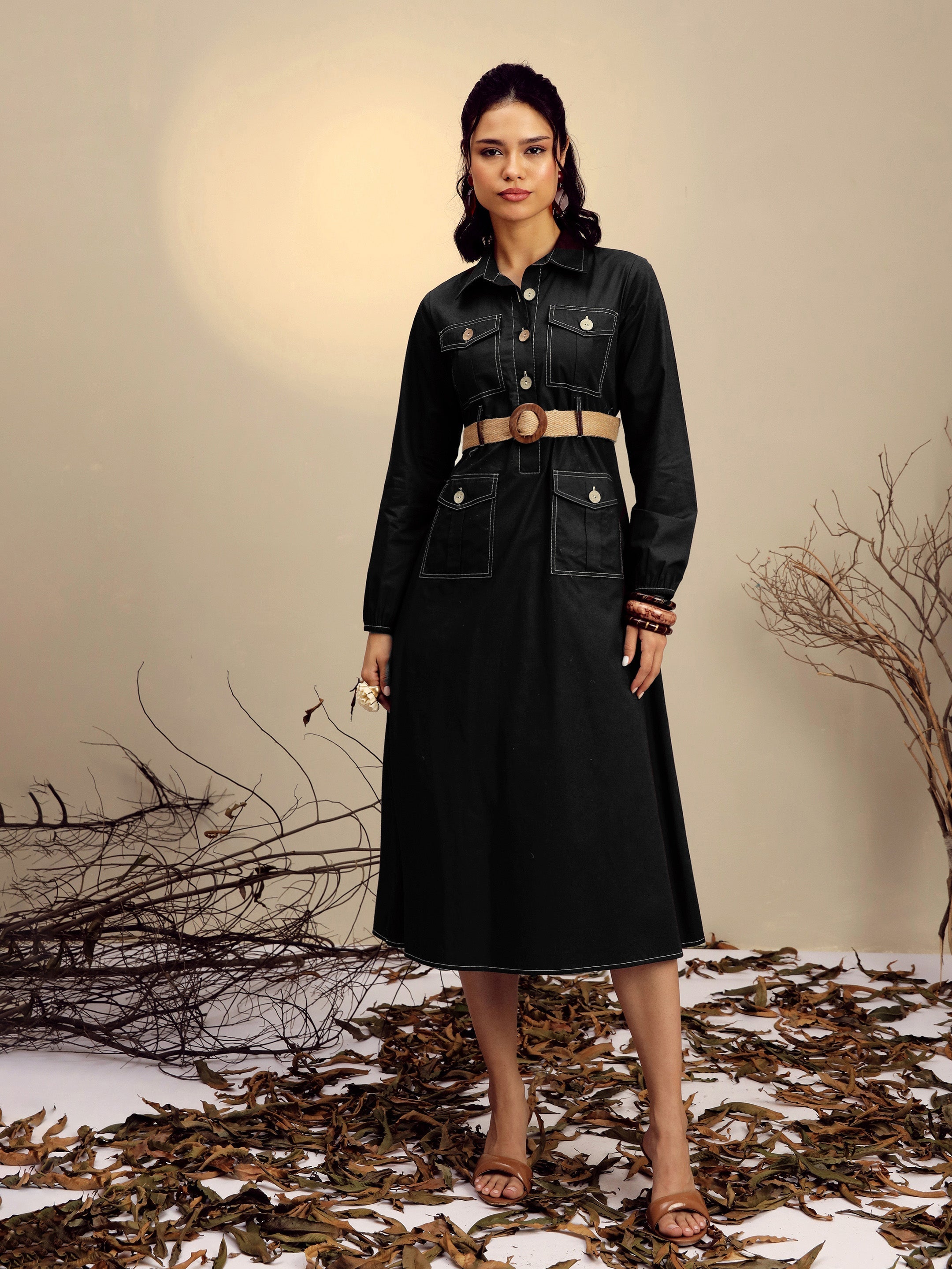 Women Black Poplin Front Open Midi Dress-SFDRSS13252