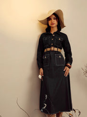 Women Black Poplin Front Open Midi Dress-SFDRSS13252