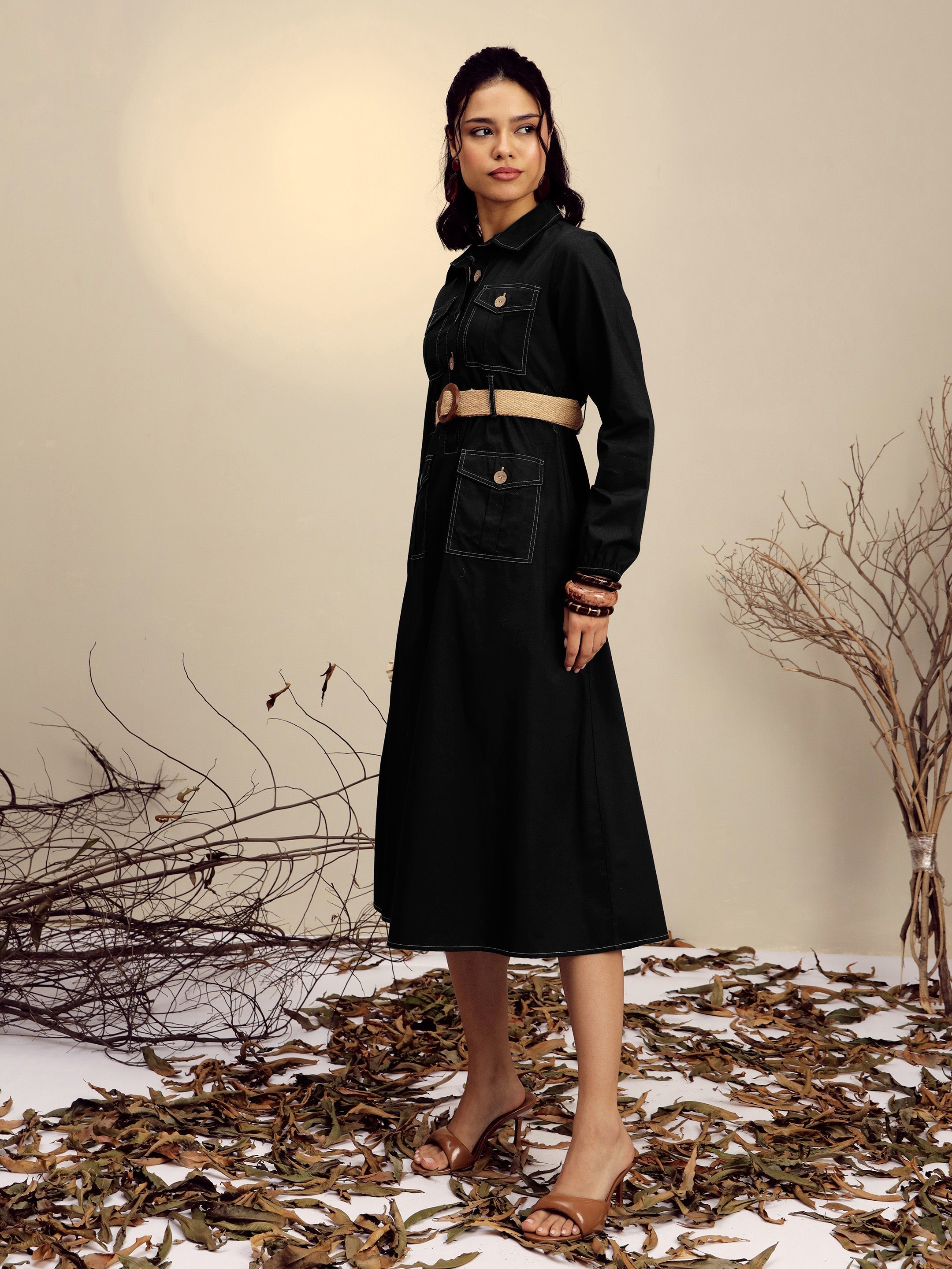 Women Black Poplin Front Open Midi Dress-SFDRSS13252