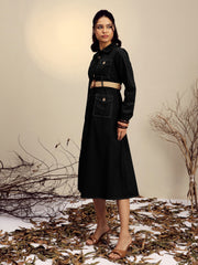 Women Black Poplin Front Open Midi Dress-SFDRSS13252
