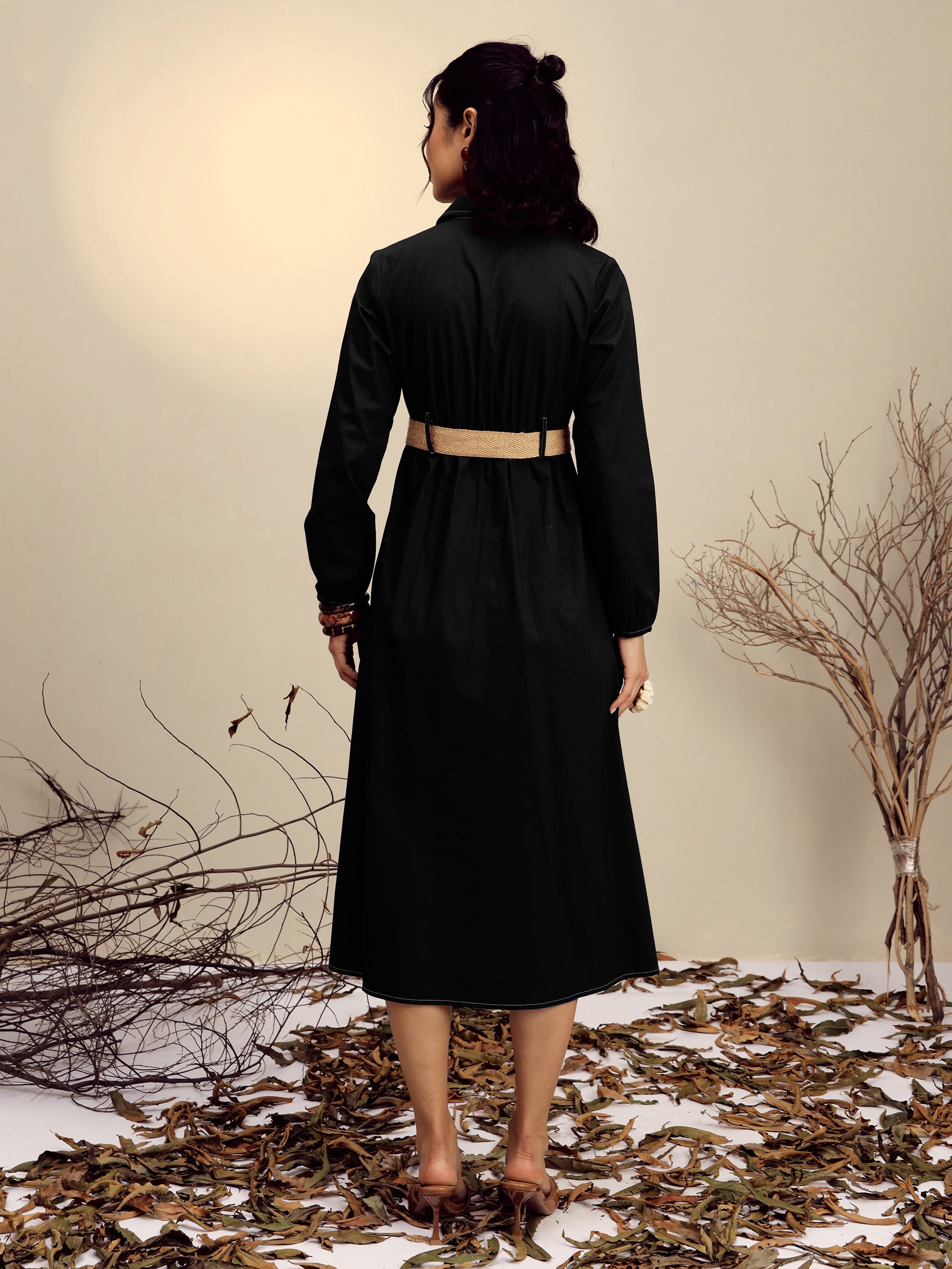 Women Black Poplin Front Open Midi Dress-SFDRSS13252