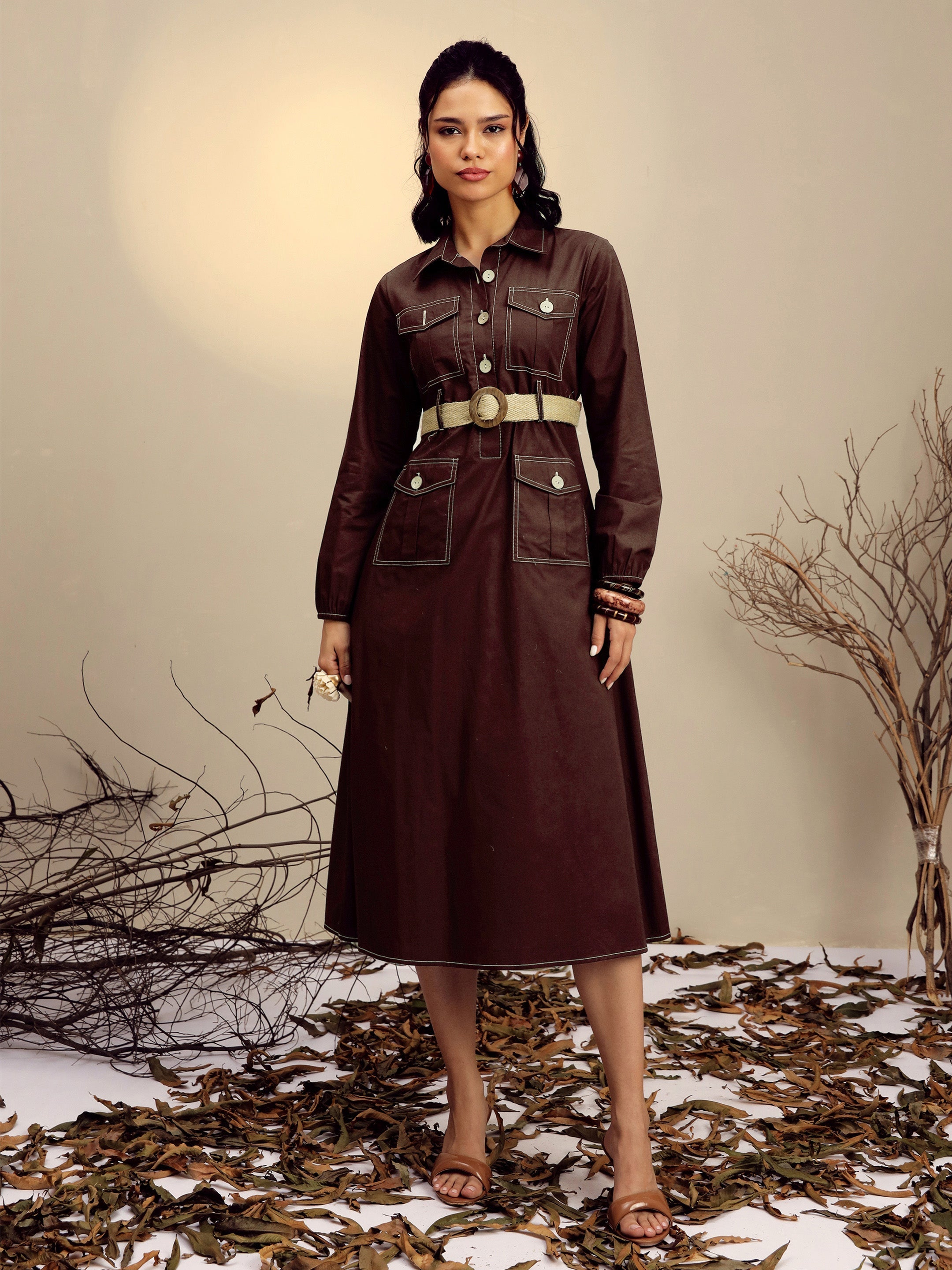 Women Brown Poplin Front Open Midi Dress-SFDRSS13253