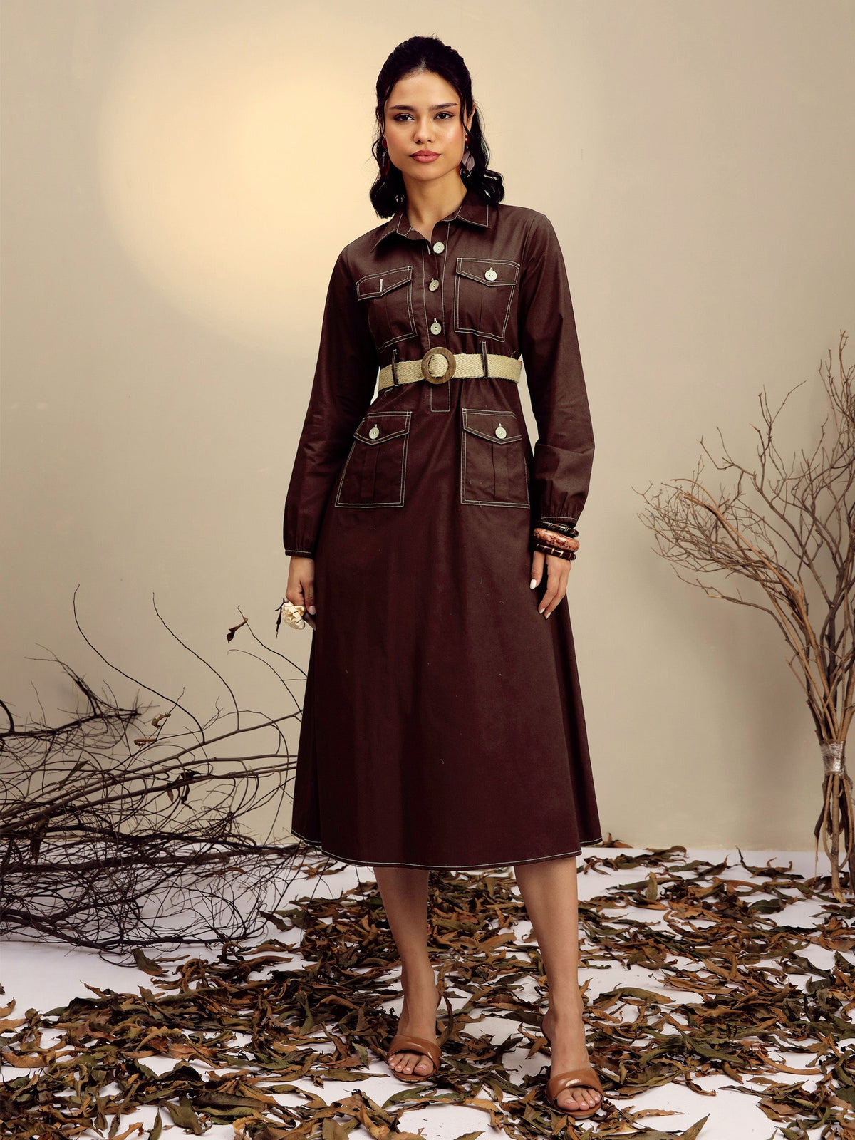Women Brown Poplin Front Open Midi Dress-SFDRSS13253