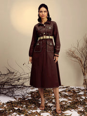 Women Brown Poplin Front Open Midi Dress-SFDRSS13253