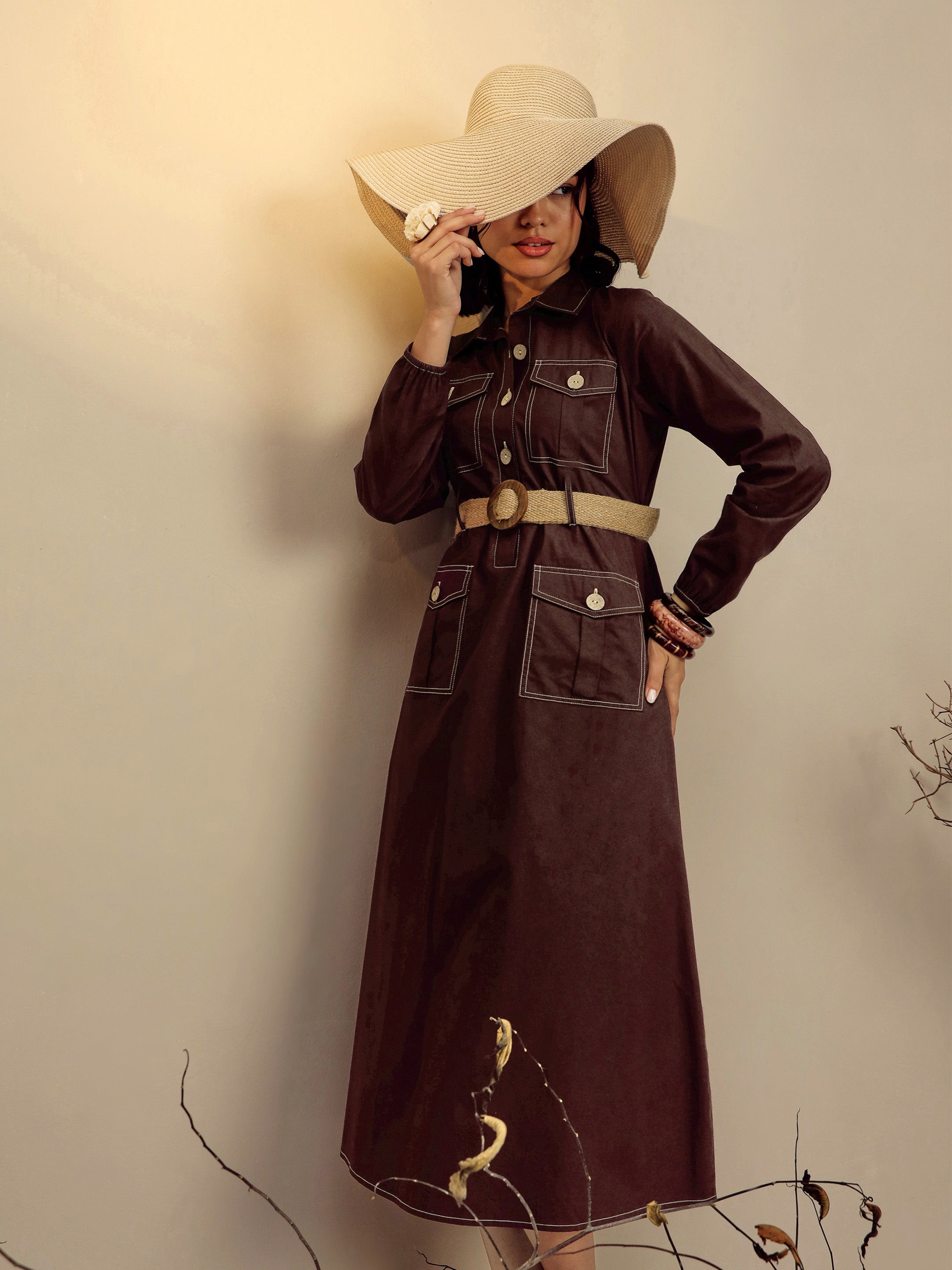 Women Brown Poplin Front Open Midi Dress-SFDRSS13253