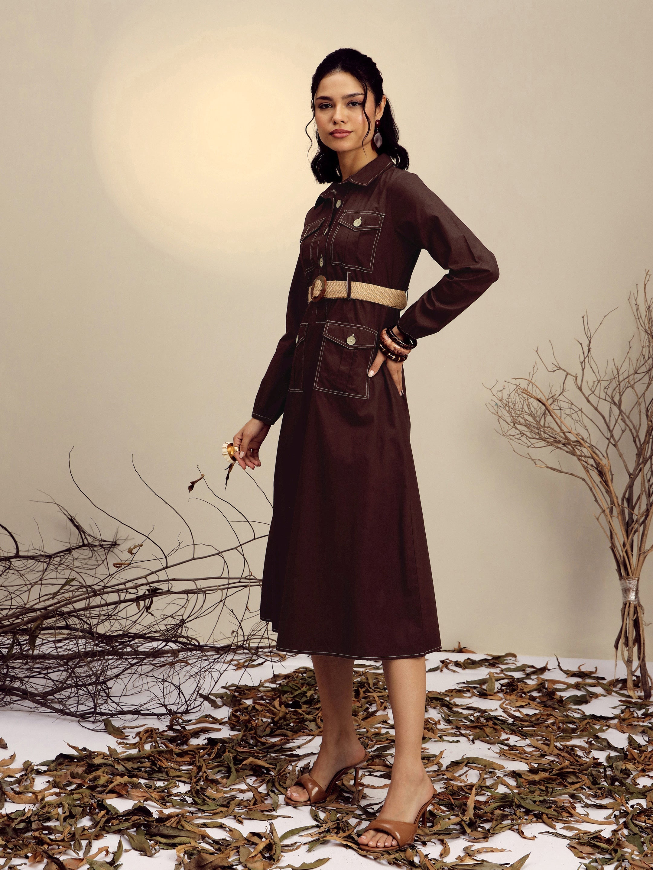 Women Brown Poplin Front Open Midi Dress-SFDRSS13253
