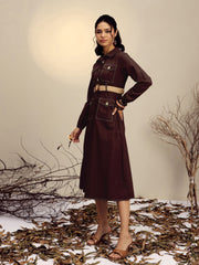 Women Brown Poplin Front Open Midi Dress-SFDRSS13253