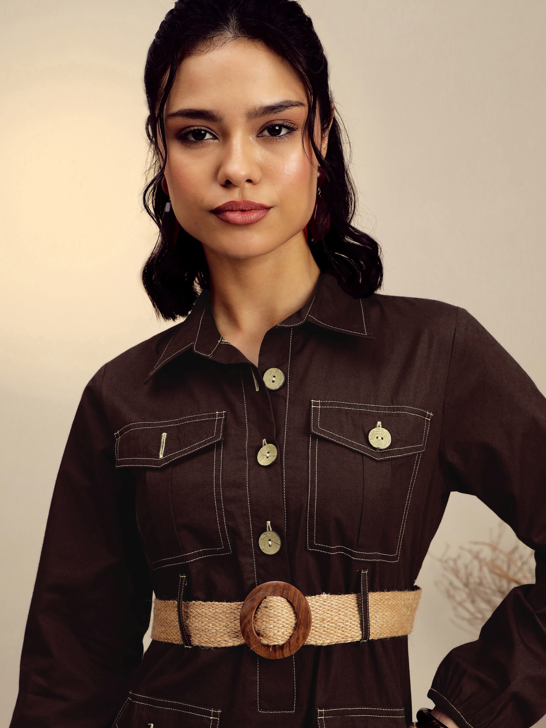 Women Brown Poplin Front Open Midi Dress-SFDRSS13253