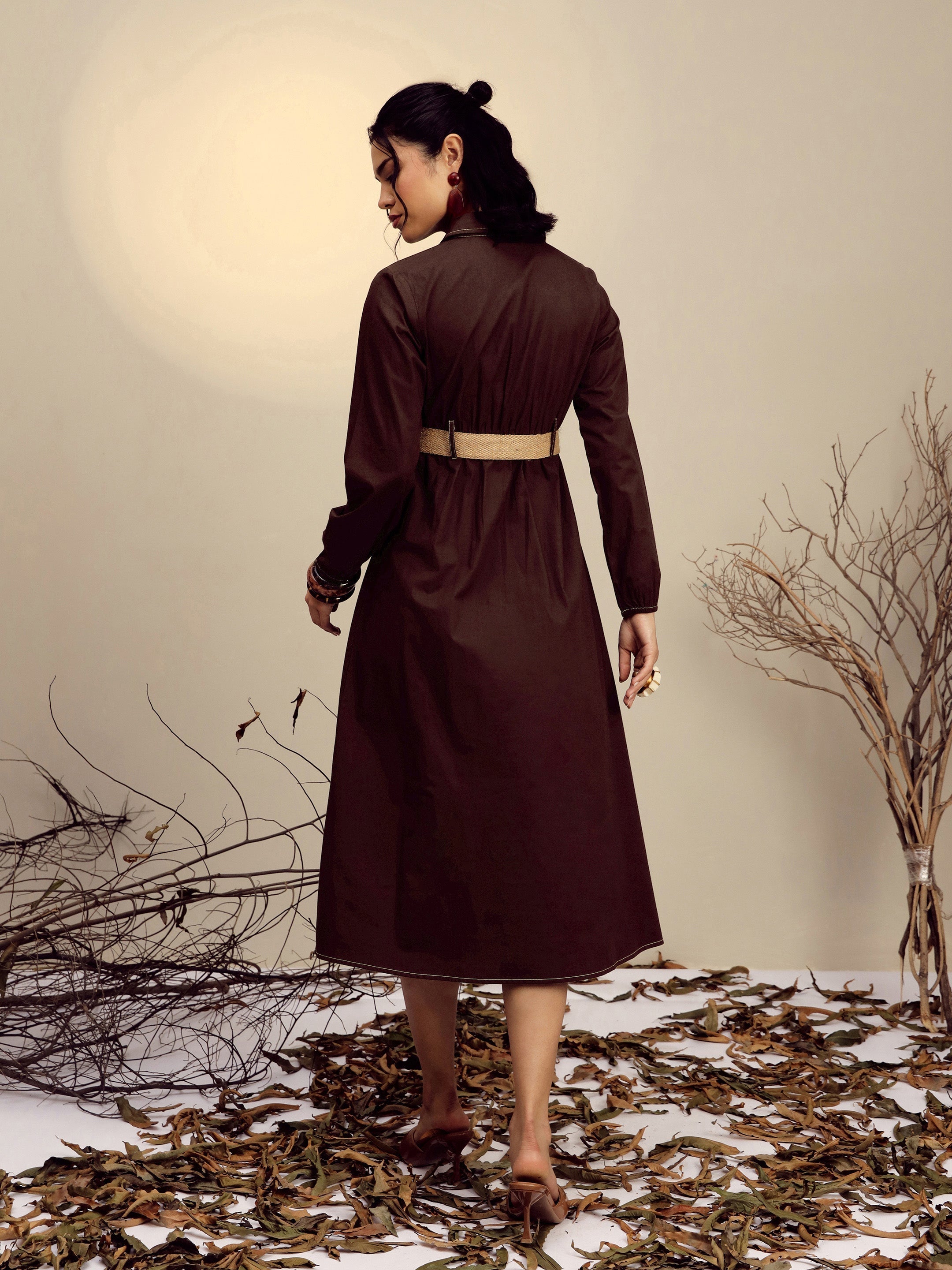 Women Brown Poplin Front Open Midi Dress-SFDRSS13253