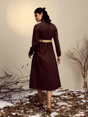 Women Brown Poplin Front Open Midi Dress-SFDRSS13253