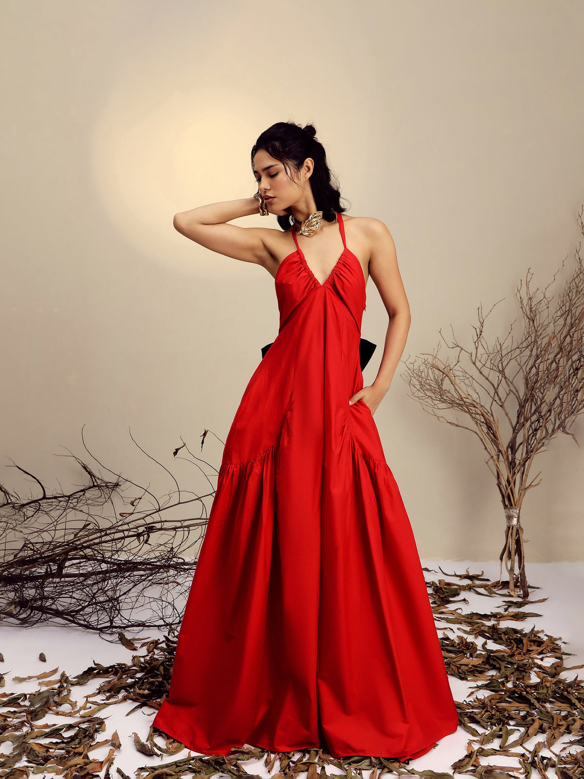 Women Red Poplin Back Bow Strappy Maxi Dress-SFDRSS13254